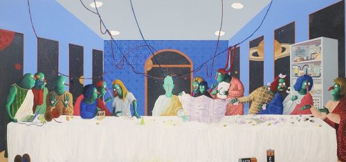 Assemblée trimestrielle cosmique, 200 x 100 cm, Acrylique, 2024