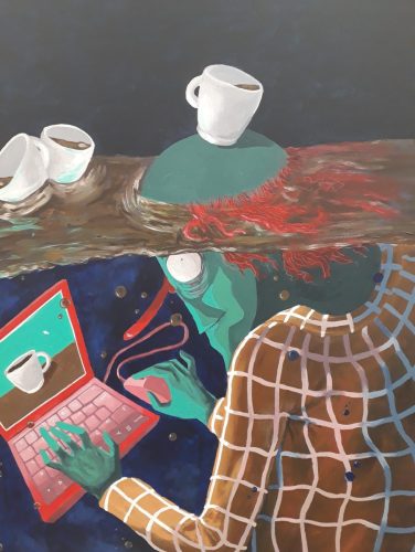 Pause café, 80 x 60 cm, Acrylique, 2023