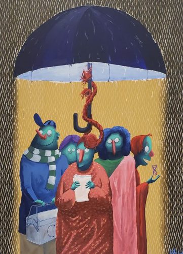 Pluie de questions parapluie de réponses, 100 x 73 cm, Acrylique, 2025