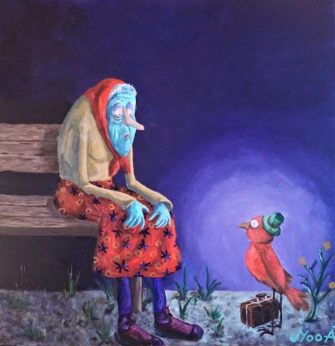 sagesse et l'oiseau, 40 x 40 cm, Acrylique, 2021